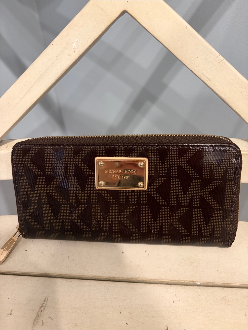 Michael Kors Brown MK Logo Zip-Around Wallet with Gold Plaque Patent Leather
